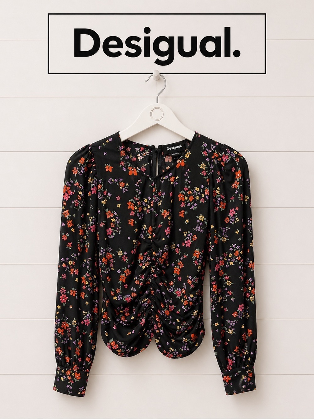 Desigual Black Floral Blouse – Ruched Front, Side Zip, Size S